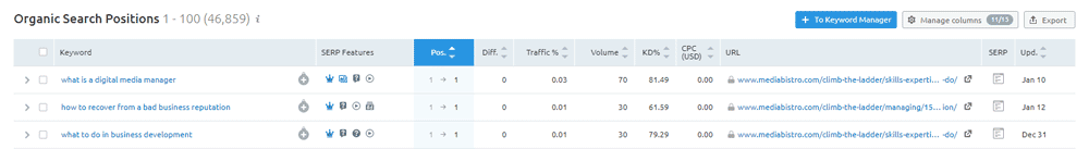 SEMRush Organic Search Positions Chart