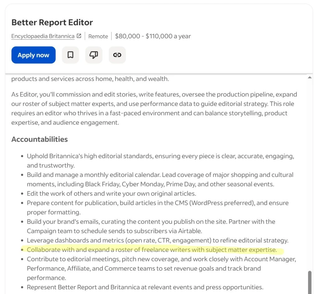 An example job posting for a full-time editor role that shows one of the responsibilities is working with freelance writers, demonstrating that the company hires freelancers even if no active job postings exist. This means the company could be a good target for freelance writers to pitch independently.