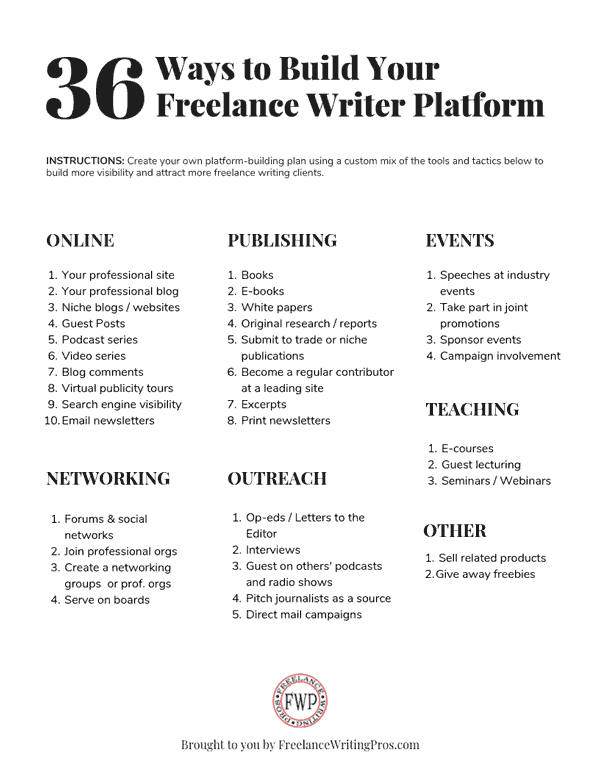 Preview image of a downloadable document called 36 ways to build your writer platform. The image can be clicked to download a PDF copy of the document.