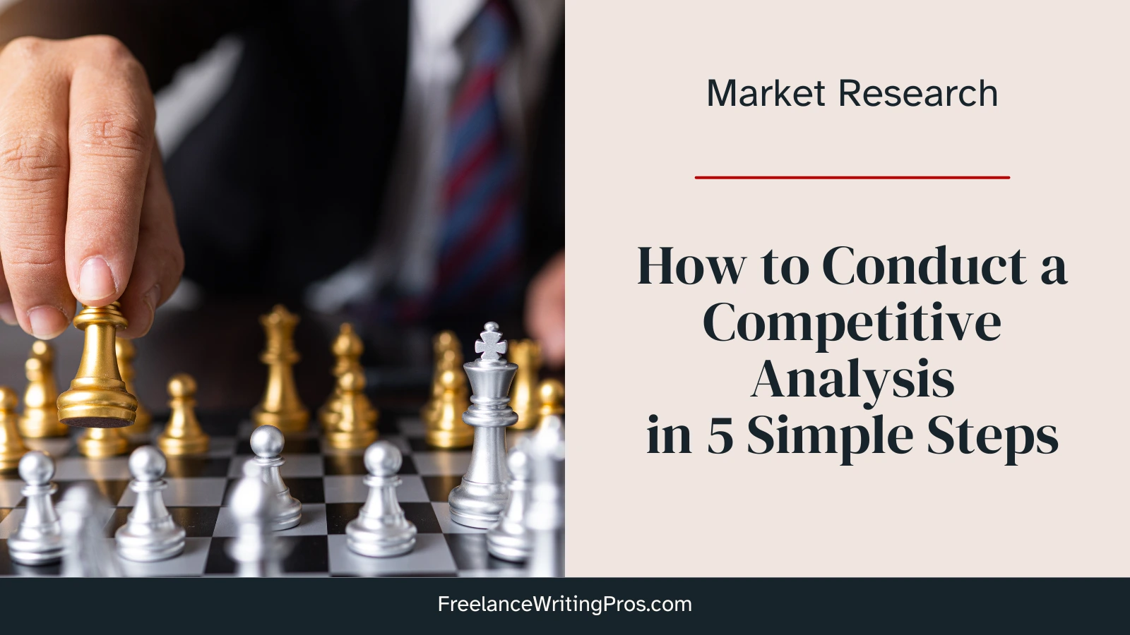 How to conduct a competitive analysis in 5 simple steps - shows a man in a tie sitting behind a chess board full of gold and silver pieces