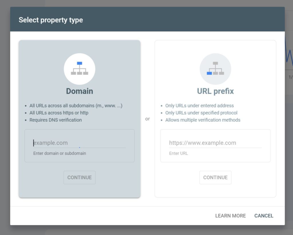 Google Search Console initial pop-up screen to set up a new property