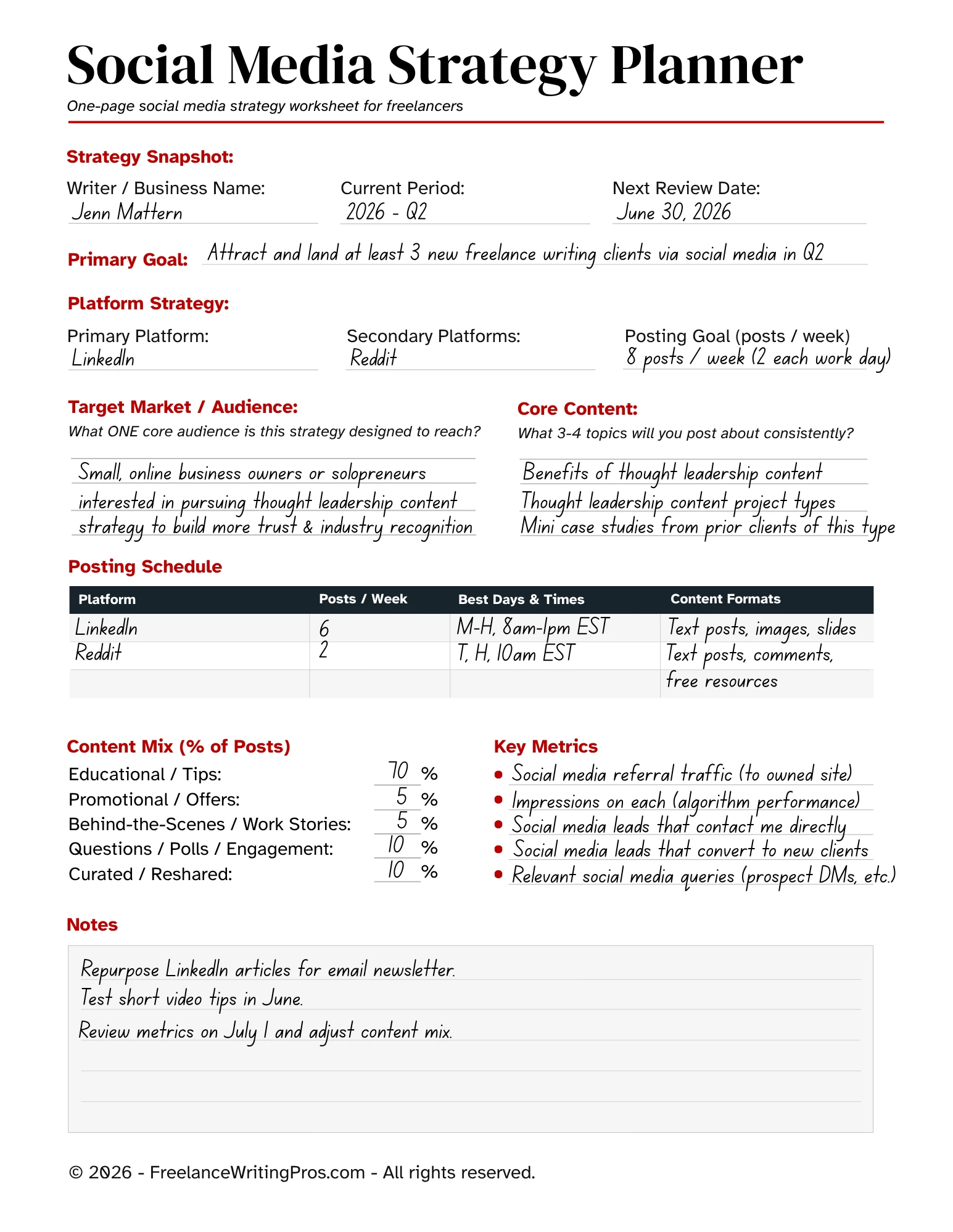 A pre-filled example of the FreelanceWritingPros.com free social media strategy worksheet, showing how someone might use it when their main social media goal is to secure new clients