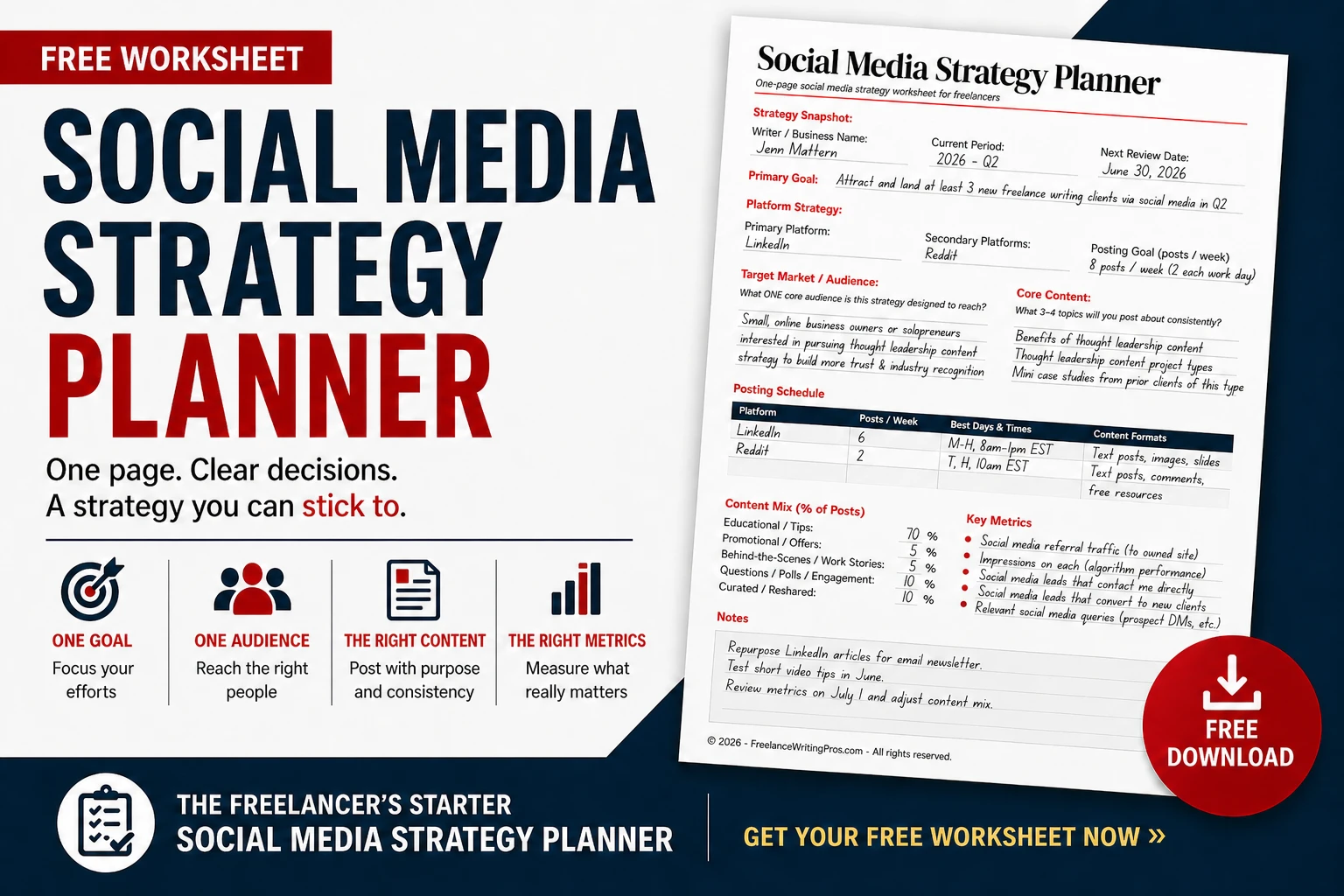 Social media strategy planner promo graphic for a free one-page worksheet to help freelancers plan their social media strategy