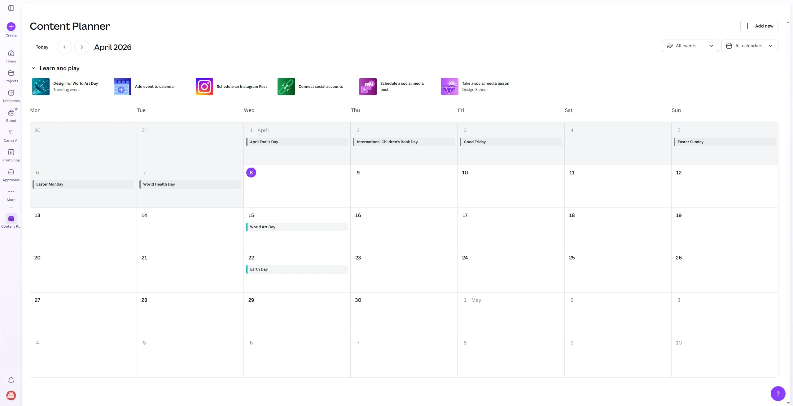 Canva Pro content planner feature - screenshot of the calendar view