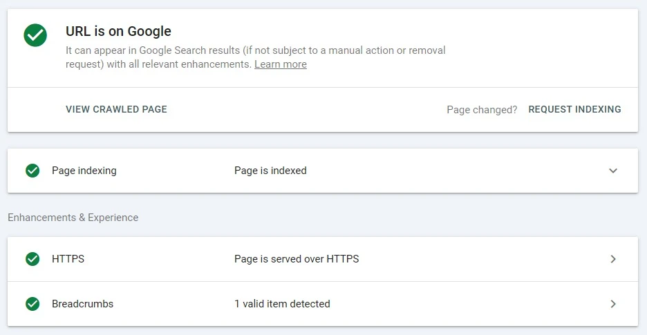 Google Search Console URL inspection report