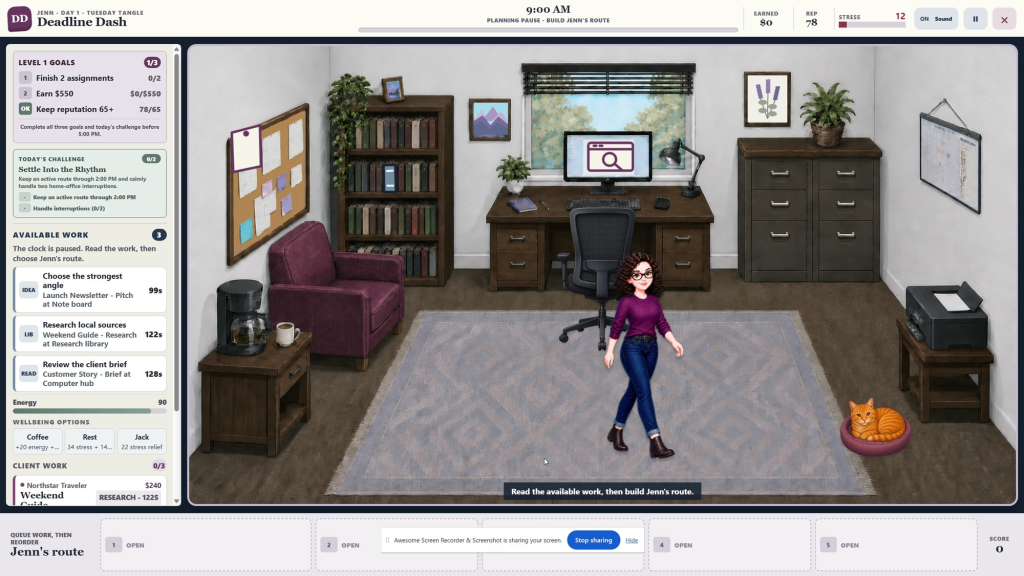 Screenshot of a scene from a private time management game as an example of what AI tools can help you build and customize. It shows a female freelancer in a home office. There's a desk with a monitor and phone, filing cabinets, a bookcase, chair, printer, pin board, calendar, coffee maker, and even a cat resting in its bed.