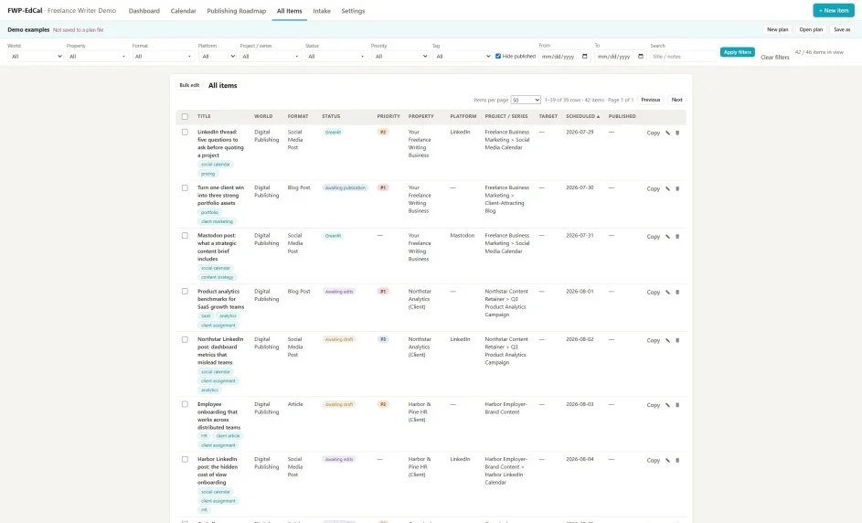The all items screen in the FWP publishing planner and editorial calendar app that shows all ideas to be filtered however the user pleases